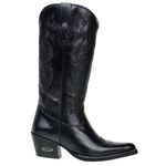 Bota Texana Feminina Bico Fino Couro Legítimo Látego Preto Bordados Florais 