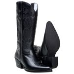 Bota Texana Feminina Bico Fino Couro Legítimo Látego Preto Bordados Florais 