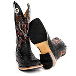 Bota Texana Masculina Couro Legítimo Bovino Látego Preto e Avestruz Preto Solado Carrapeta
