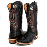 Bota Texana Masculina Couro Legítimo Bovino Látego Preto e Avestruz Preto Solado Carrapeta