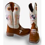 Bota Texana Masculina Couro Legítimo Nobuck Batido e Floater Off White Bordado Cruz e Ekip Solado Reto