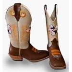 Bota Texana Masculina Couro Legítimo Floater Café e Off White Bordado Ekip Salto Carrapeta