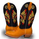 Bota Texana Masculina Couro Legítimo Bovino Látego Preto e Nobuck Castor Bordado Cocar Salto Carrapeta