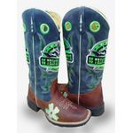 Bota Texana Masculina Couro Legítimo Bovino Látego Pinhão e Fóssil Azul Bordado Trinca Solado Borracha