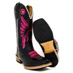 Bota Texana Masculina Couro Bovino Legítimo Látego Preto Bordado Cocar Uva Salto Carrapeta