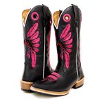 Bota Texana Masculina Couro Bovino Legítimo Látego Preto Bordado Cocar Uva Salto Carrapeta