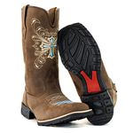 Bota Texana Country Feminina Couro Bovino Legítimo Mustang Café Bordado Cruz Azul