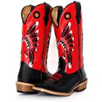 Bota Texana Masculina Couro Legítimo Bovino Tubarão Preto Fly Vermelho Bordado Cocar Salto Carrapeta 