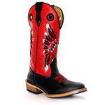 Bota Texana Masculina Couro Legítimo Bovino Tubarão Preto Fly Vermelho Bordado Cocar Salto Carrapeta 