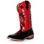 Bota Texana Masculina Couro Legítimo Bovino Tubarão Preto Fly Vermelho Bordado Cocar Salto Carrapeta 