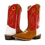 Bota Texana Carrapeta Cano Padrão Couro Legítimo 3 cores Nobuck Castor / Vermelho e Branco