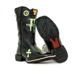 Bota Texana Country Masculina Cano Padrão Couro Legítimo Látego Preto Bordado Monster Solado de Borracha