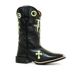 Bota Texana Country Masculina Cano Padrão Couro Legítimo Látego Preto Bordado Monster Solado de Borracha