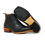 Botina Masculina Bico Quadrado Couro Bovino Legítimo Jacaré Envelhecido Preto Salto Carrapeta