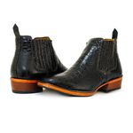 Botina Masculina Bico Quadrado Couro Bovino Legítimo Jacaré Envelhecido Preto Salto Carrapeta