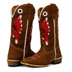 Bota Texana Carrapeta Couro Legítimo Nobuck Castor Bordado Cocar Vermelho