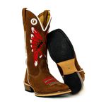 Bota Texana Carrapeta Couro Legítimo Nobuck Castor Bordado Cocar Vermelho