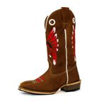 Bota Texana Carrapeta Couro Legítimo Nobuck Castor Bordado Cocar Vermelho