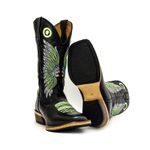 Bota Texana Carrapeta Couro Legítimo Látego Preto Bordado Cocar Verde