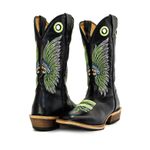 Bota Texana Carrapeta Couro Legítimo Látego Preto Bordado Cocar Verde
