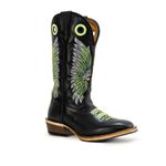 Bota Texana Carrapeta Couro Legítimo Látego Preto Bordado Cocar Verde