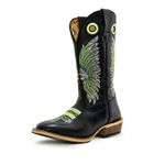 Bota Texana Carrapeta Couro Legítimo Látego Preto Bordado Cocar Verde