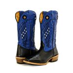 Bota Texana Masculina Salto Carrapeta Couro Látego Preto e Flay Azul Bic Quadriculada