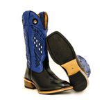 Bota Texana Masculina Salto Carrapeta Couro Látego Preto e Flay Azul Bic Quadriculada