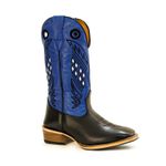 Bota Texana Masculina Salto Carrapeta Couro Látego Preto e Flay Azul Bic Quadriculada