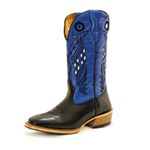 Bota Texana Masculina Salto Carrapeta Couro Látego Preto e Flay Azul Bic Quadriculada