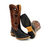 Bota Texana Masculina Couro Legítimo Bovino Tubarão Preto e Fóssil Pinhão Solado Carrapeta