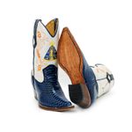 Bota Country Masculina Texana Bico Fino Couro Legítimo Anaconda Azul e Floater Marfim Nossa Senhora