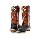Bota Texana Masculina Bico Quadrado Couro Bovino Legítimo Tubarão Preto e Fóssil Vinho Boi Solado Carrapeta