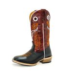 Bota Texana Masculina Bico Quadrado Couro Bovino Legítimo Tubarão Preto e Fóssil Vinho Boi Solado Carrapeta