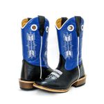 Bota Texana Masculina Cano Padrão Couro Legítimo Bovino Tubarão Preto e Fly Azul Bordado Flecha Salto Carrapeta