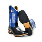 Bota Texana Masculina Cano Padrão Couro Legítimo Bovino Tubarão Preto e Fly Azul Bordado Flecha Salto Carrapeta