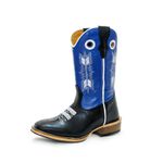 Bota Texana Masculina Cano Padrão Couro Legítimo Bovino Tubarão Preto e Fly Azul Bordado Flecha Salto Carrapeta