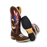 Bota Texana Masculina Bico Quadrado Couro Legítimo Nobuck Café e Crazy Horse Sela Com Solado Carrapeta