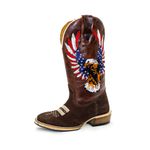 Bota Texana Masculina Bico Quadrado Couro Legítimo Nobuck Café e Crazy Horse Sela Com Solado Carrapeta