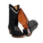 Bota Texana Masculina Bico Fino Couro Bovino Legítimo Crazy Horse Preto Bordado Arame