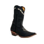 Bota Texana Masculina Bico Fino Couro Bovino Legítimo Crazy Horse Preto Bordado Arame