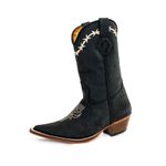 Bota Texana Masculina Bico Fino Couro Bovino Legítimo Crazy Horse Preto Bordado Arame