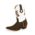 Bota Texana Masculina Bico Fino Couro Nobuck Preto Platinado Com Floater Branco Bordado Cavalo