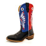 Bota Texana Masculina Bico Quadrado Couro Legítimo Floater Preto Vermelho e Azul Salto Carrapeta