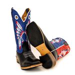 Bota Texana Masculina Bico Quadrado Couro Legítimo Floater Preto Vermelho e Azul Salto Carrapeta