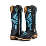 Bota Texana Masculina Bico Quadrado Couro Legítimo Látego Preto Cocar Azul Salto Carrapeta