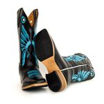 Bota Texana Masculina Bico Quadrado Couro Legítimo Látego Preto Cocar Azul Salto Carrapeta
