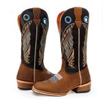 Bota Texana Masculina Couro Legítimo Mustang Café e Látego Preto Bordado Quadriculado Salto Carrapeta