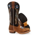 Bota Texana Masculina Couro Legítimo Mustang Café e Látego Preto Bordado Quadriculado Salto Carrapeta