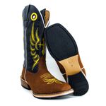 Bota Texana Masculina Couro Legítimo Crazy Horse Sela e Látego Preto Bordado Cruz Amarela e Salto Carrapeta